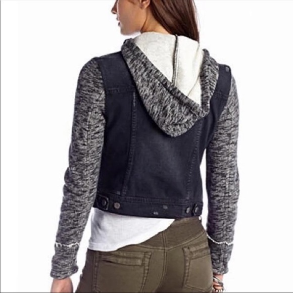 Free People Knit Hooded Distressed Denim Jacket - Picture 3 of 8